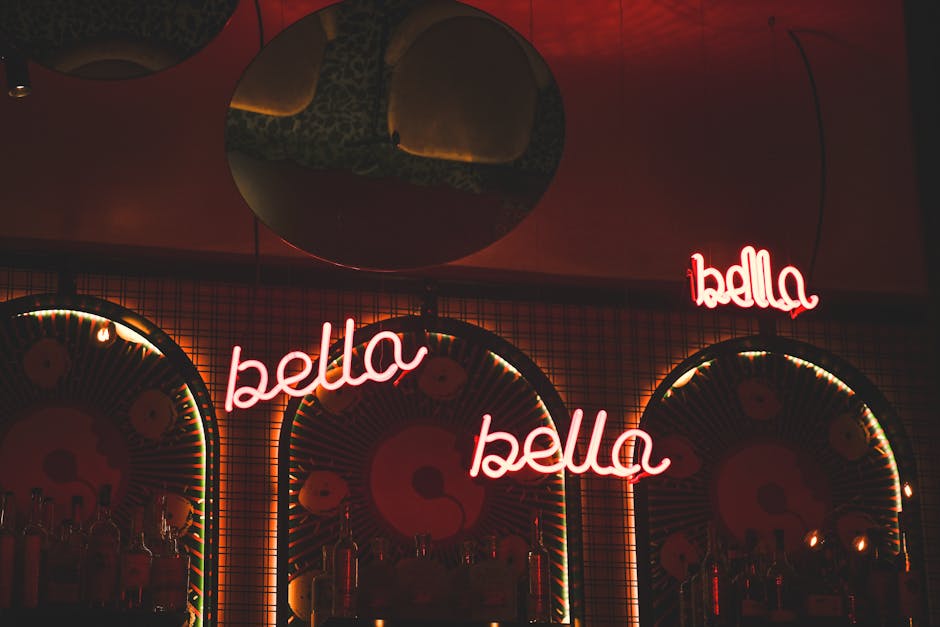 Luxurious entertainment venue interior with neon lighting